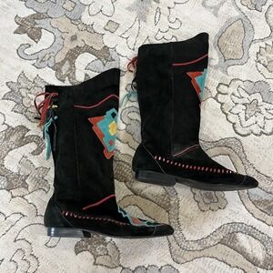 Vintage Western Boots Womens Size 7.5 Black Suede Tassel Knee High Southwestern